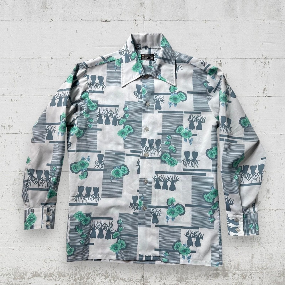 Vintage JCPenney Shirt Mens M 15-15.5 AOP Floral No Iron Button Front 70s 80s
